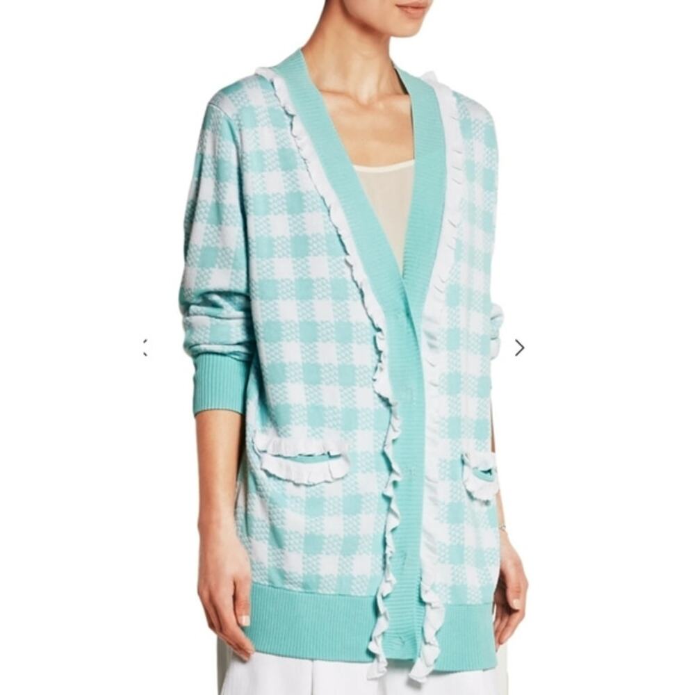 NEW Sibling London Sky Blue Ruffle Trim Checked Knitted Cardigan Sweater Large